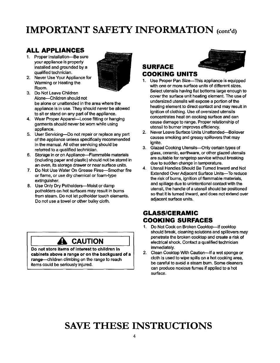 All appliances, Surface cooking units, Glass/ceramic cooking surfaces | Important safety information (com d), Save these instructions, A caution | Amana THE BIG OVEN ACF4215A User Manual | Page 4 / 28