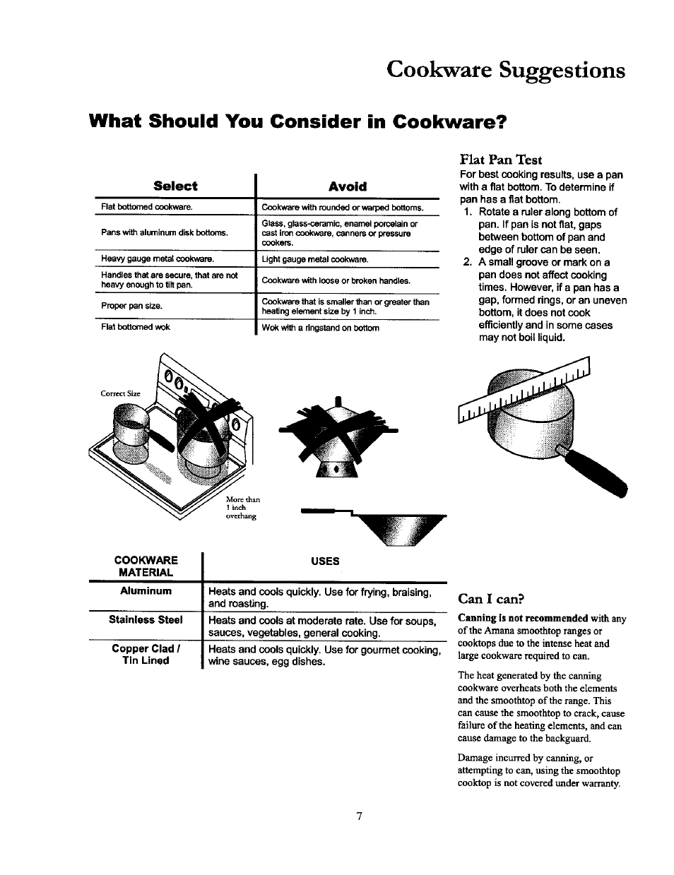 Cookware suggestions, What should you consider in cookware, Can i can | Flat pan test | Amana THE BIG OVEN ACF4215A User Manual | Page 7 / 28