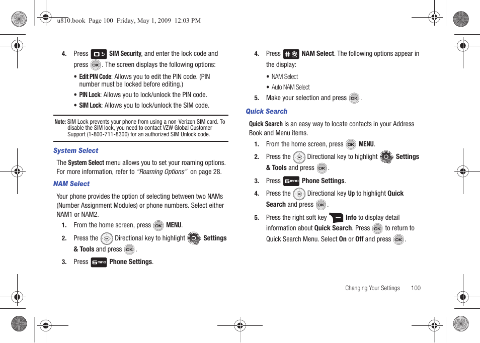 System select, Nam select, Quick search | Samsung SCH-U810GNAVZW User Manual | Page 103 / 169