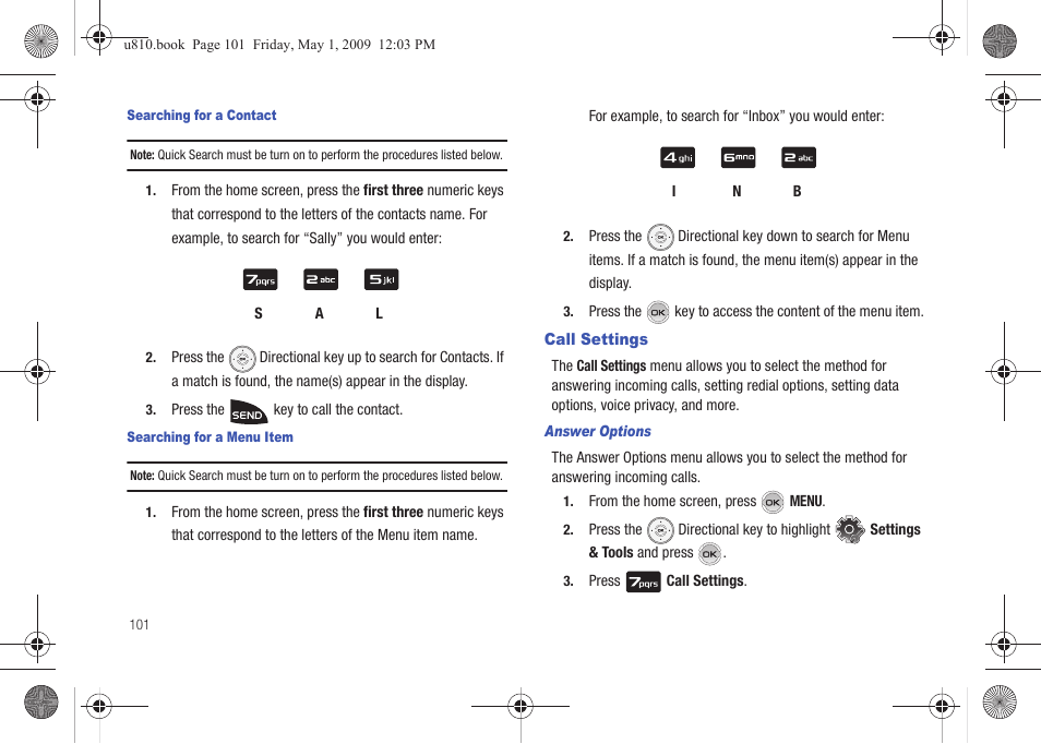 Call settings, Answer options | Samsung SCH-U810GNAVZW User Manual | Page 104 / 169