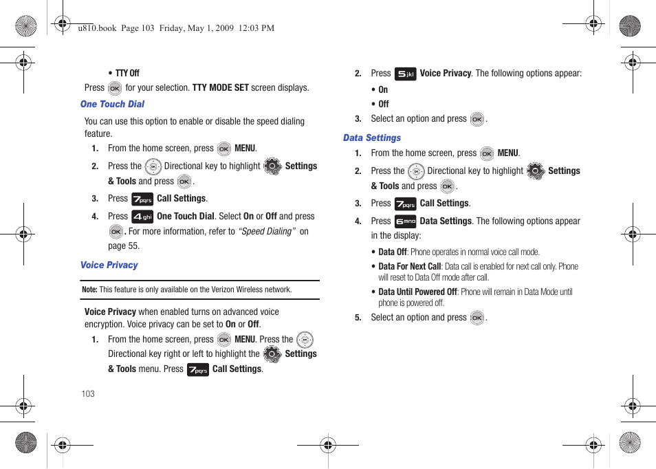 One touch dial, Voice privacy, Data settings | Samsung SCH-U810GNAVZW User Manual | Page 106 / 169