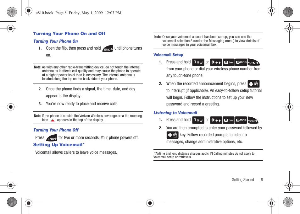 Turning your phone on and off, Turning your phone on, Turning your phone off | Setting up voicemail, Listening to voicemail, Turning your phone on and off setting up voicemail | Samsung SCH-U810GNAVZW User Manual | Page 11 / 169