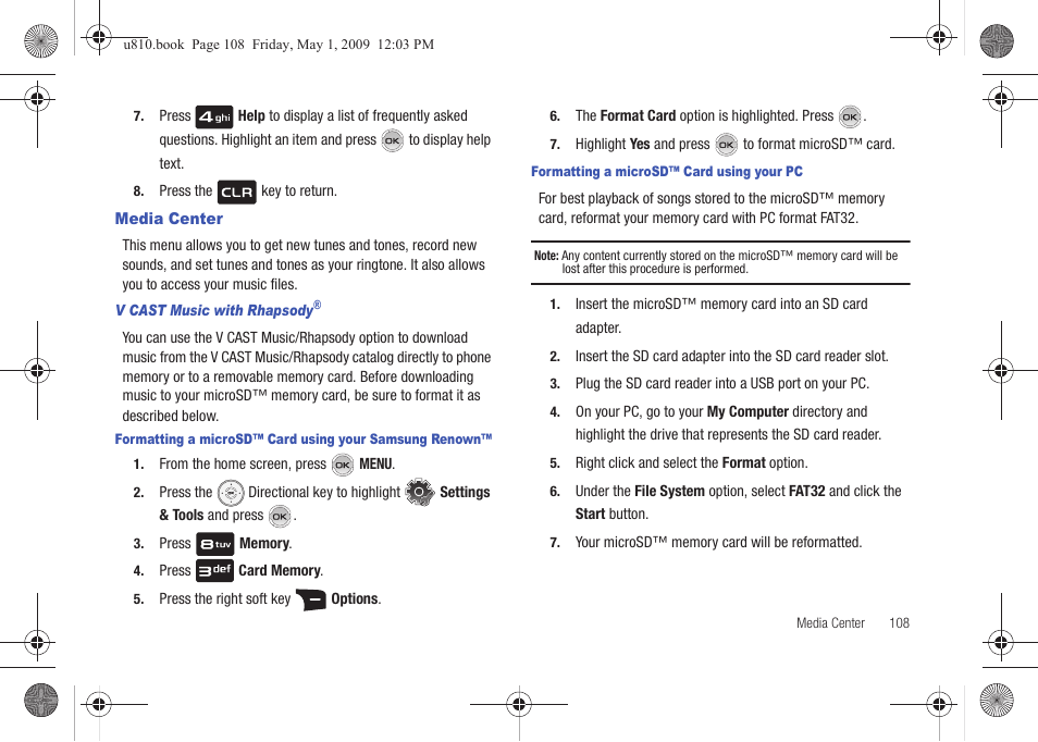 Media center, V cast music with rhapsody | Samsung SCH-U810GNAVZW User Manual | Page 111 / 169