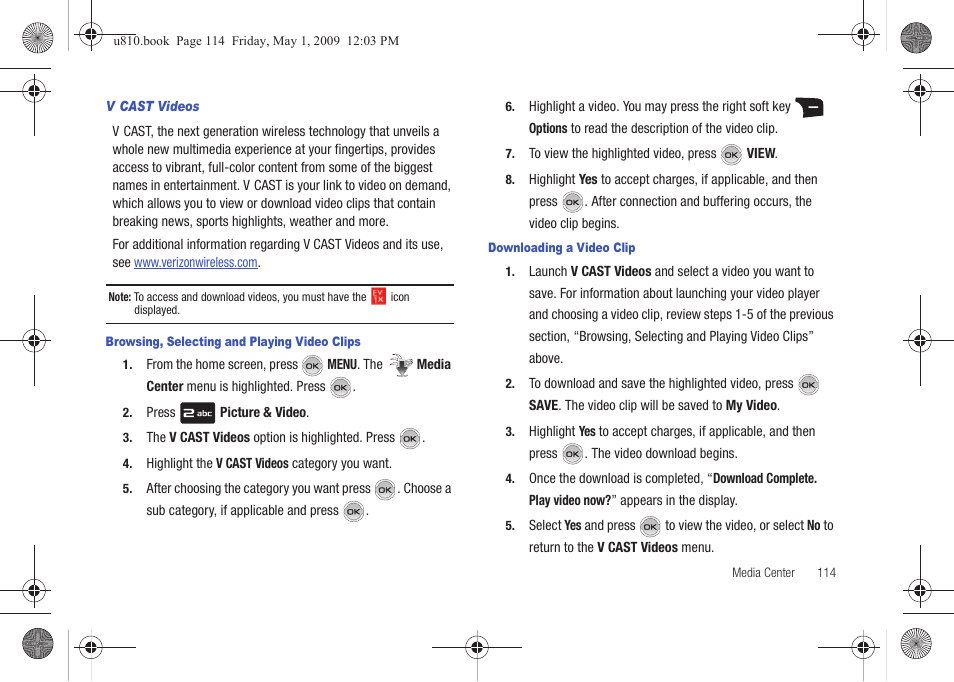 V cast videos | Samsung SCH-U810GNAVZW User Manual | Page 117 / 169