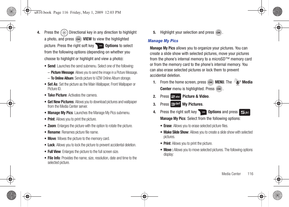 Manage my pics | Samsung SCH-U810GNAVZW User Manual | Page 119 / 169