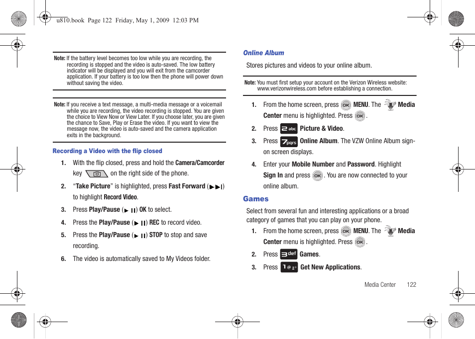 Online album, Games | Samsung SCH-U810GNAVZW User Manual | Page 125 / 169
