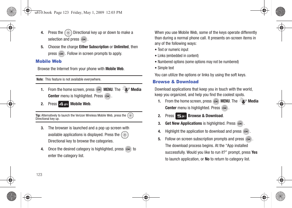 Mobile web, Browse & download, Mobile web browse & download | Samsung SCH-U810GNAVZW User Manual | Page 126 / 169