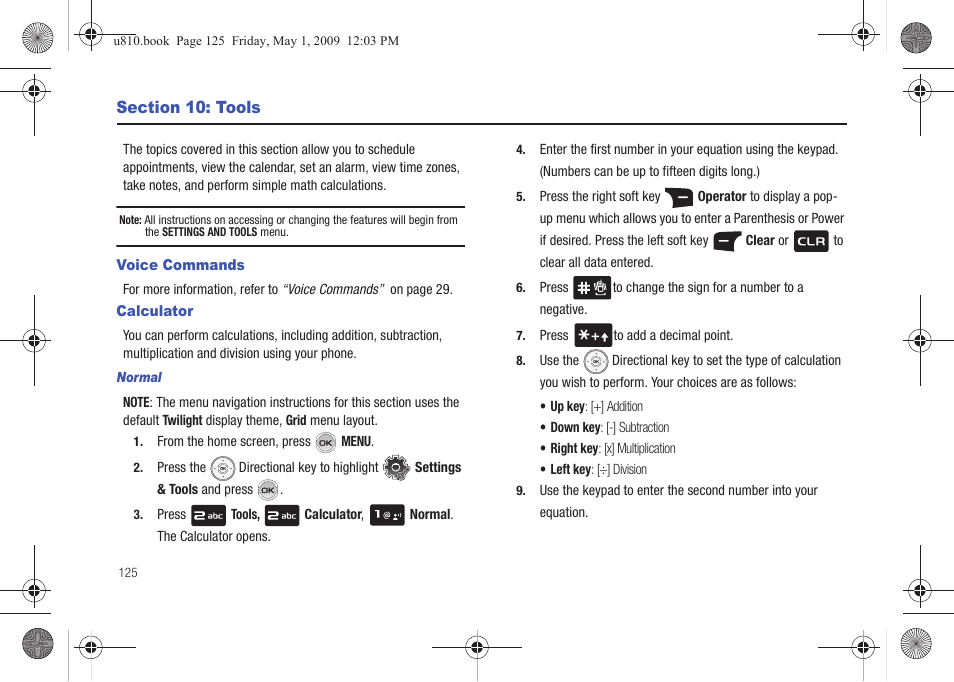 Section 10: tools, Voice commands, Calculator | Normal, Voice commands calculator | Samsung SCH-U810GNAVZW User Manual | Page 128 / 169
