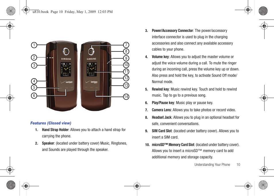 Features (closed view) | Samsung SCH-U810GNAVZW User Manual | Page 13 / 169