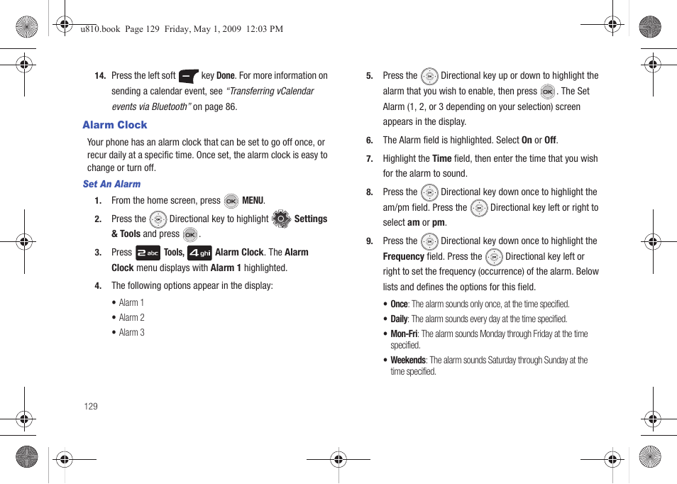 Alarm clock, Set an alarm, For more information, refer to “alarm clock” on | Samsung SCH-U810GNAVZW User Manual | Page 132 / 169