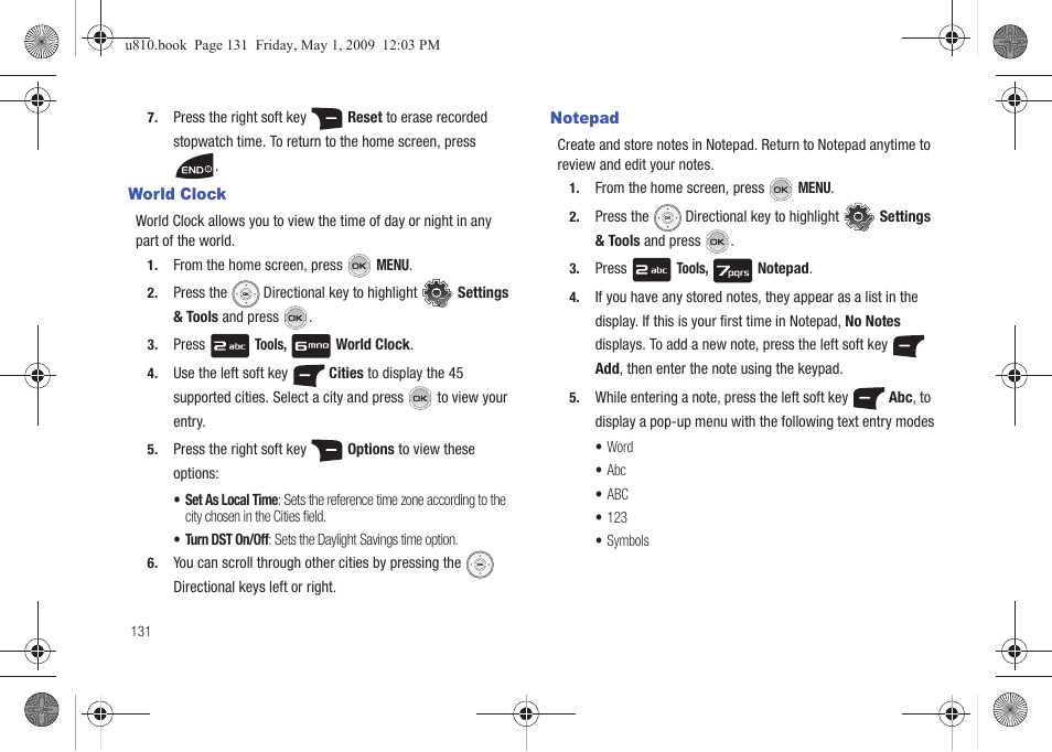 World clock, Notepad, World clock notepad | For more information, refer to “world clock” on | Samsung SCH-U810GNAVZW User Manual | Page 134 / 169