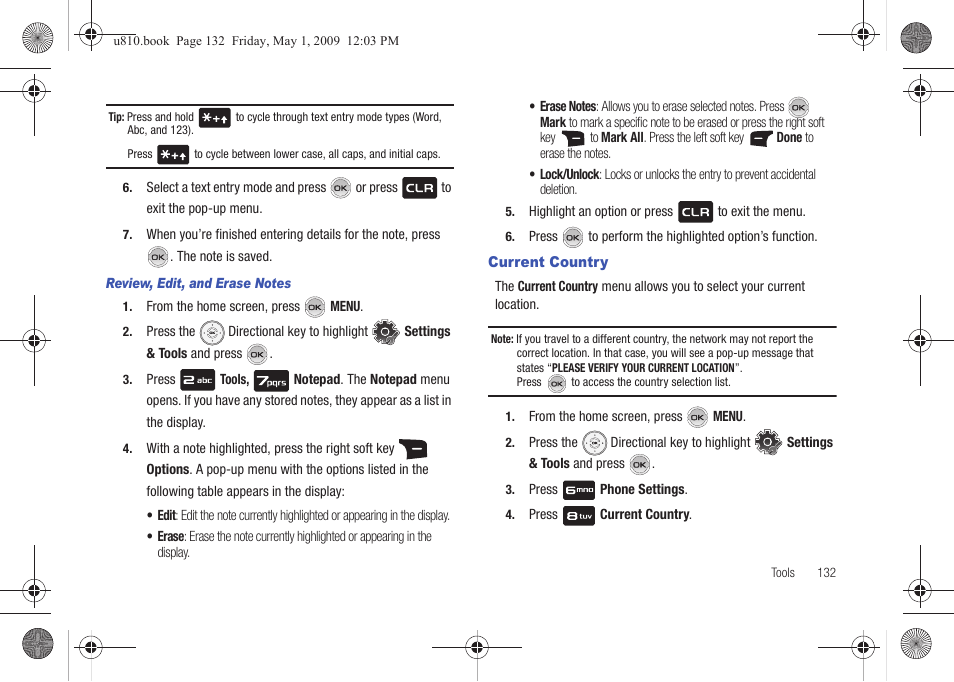 Review, edit, and erase notes, Current country | Samsung SCH-U810GNAVZW User Manual | Page 135 / 169