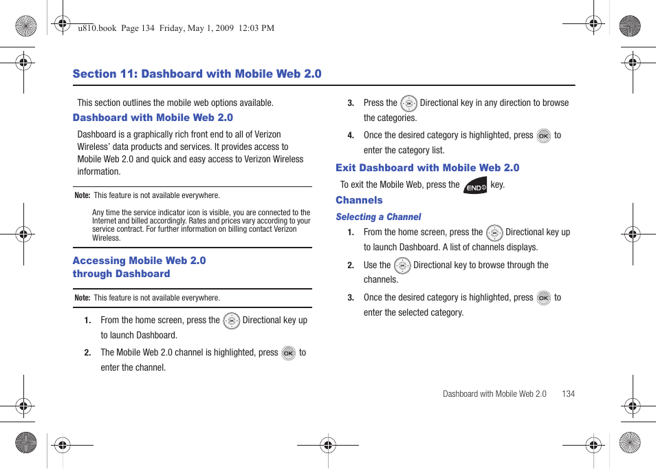 Section 11: dashboard with mobile web 2.0, Dashboard with mobile web 2.0, Accessing mobile web 2.0 through dashboard | Exit dashboard with mobile web 2.0, Channels, Selecting a channel | Samsung SCH-U810GNAVZW User Manual | Page 137 / 169