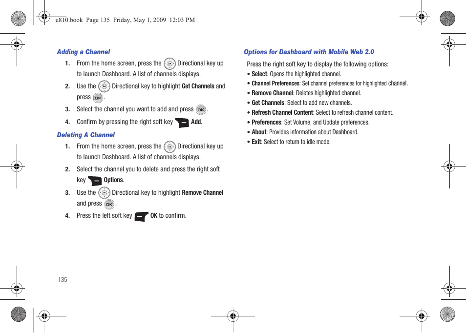 Adding a channel, Deleting a channel, Options for dashboard with mobile web 2.0 | Samsung SCH-U810GNAVZW User Manual | Page 138 / 169