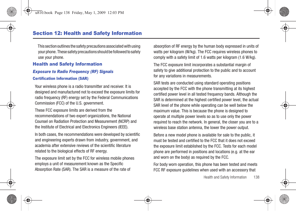 Section 12: health and safety information, Health and safety information, Exposure to radio frequency (rf) signals | Samsung SCH-U810GNAVZW User Manual | Page 141 / 169