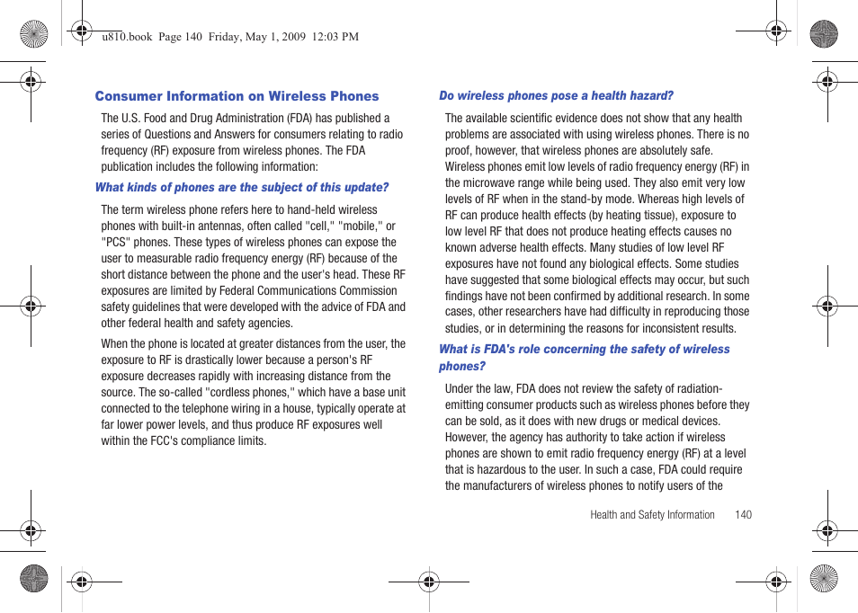 Consumer information on wireless phones, Do wireless phones pose a health hazard | Samsung SCH-U810GNAVZW User Manual | Page 143 / 169