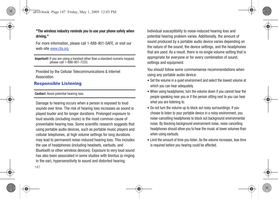 Responsible listening | Samsung SCH-U810GNAVZW User Manual | Page 150 / 169