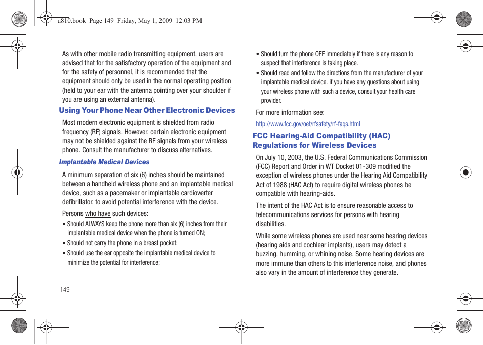 Using your phone near other electronic devices, Implantable medical devices | Samsung SCH-U810GNAVZW User Manual | Page 152 / 169