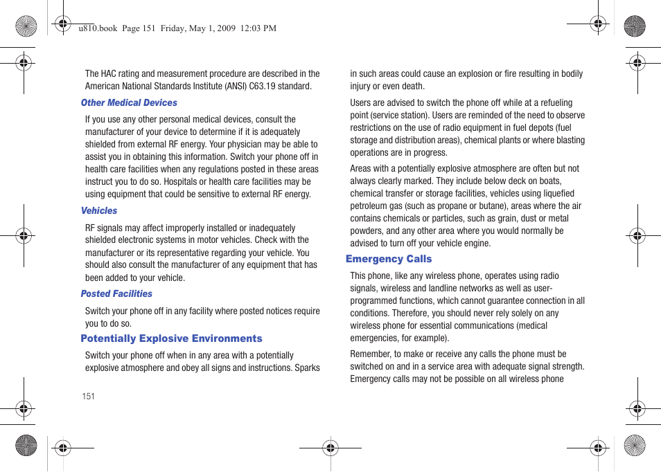 Other medical devices, Vehicles, Posted facilities | Potentially explosive environments, Emergency calls, Potentially explosive environments emergency calls | Samsung SCH-U810GNAVZW User Manual | Page 154 / 169