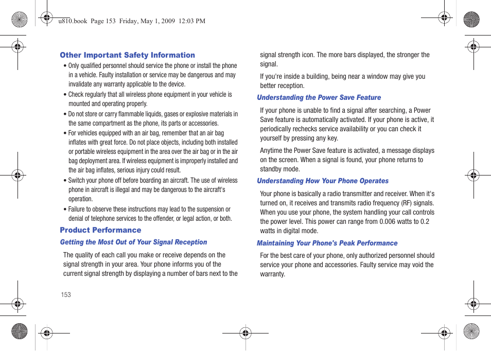 Other important safety information, Product performance, Getting the most out of your signal reception | Understanding the power save feature, Understanding how your phone operates, Maintaining your phone's peak performance | Samsung SCH-U810GNAVZW User Manual | Page 156 / 169