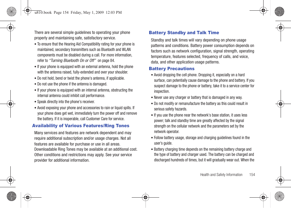 Availability of various features/ring tones, Battery standby and talk time, Battery precautions | Samsung SCH-U810GNAVZW User Manual | Page 157 / 169