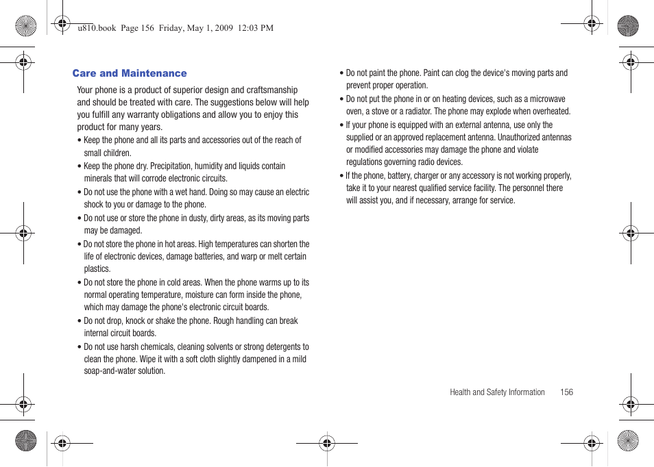Care and maintenance | Samsung SCH-U810GNAVZW User Manual | Page 159 / 169
