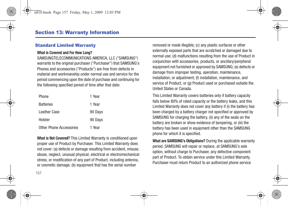 Section 13: warranty information, Standard limited warranty | Samsung SCH-U810GNAVZW User Manual | Page 160 / 169