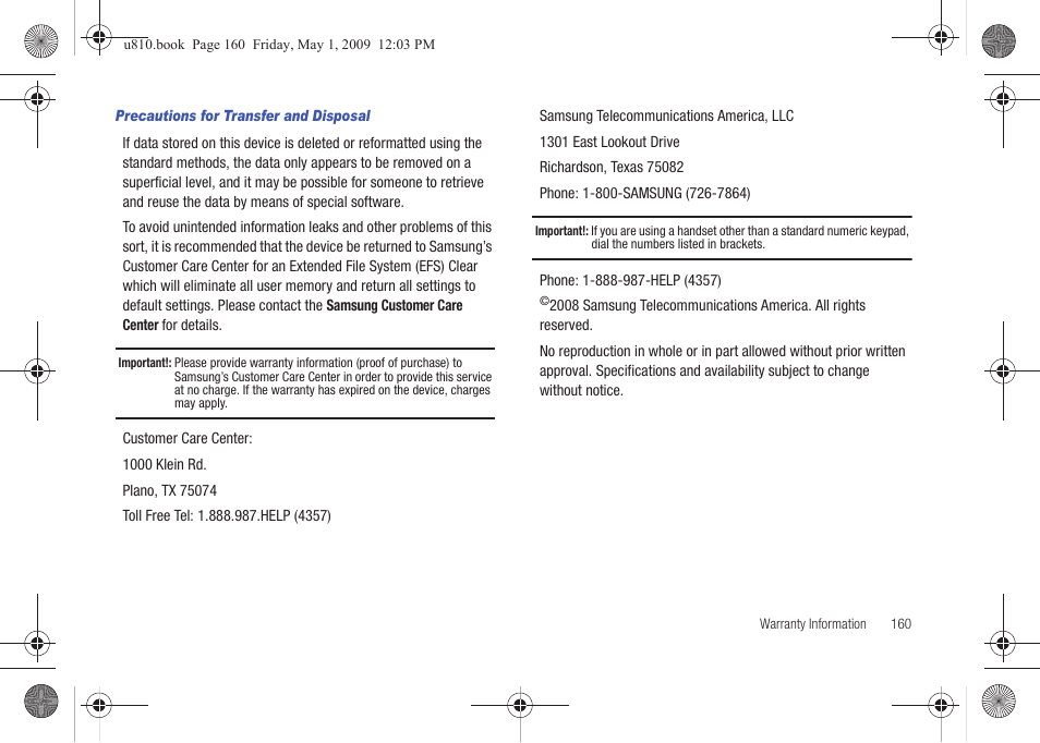 Precautions for transfer and disposal | Samsung SCH-U810GNAVZW User Manual | Page 163 / 169