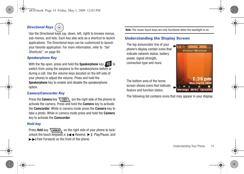 Directional keys, Speakerphone key, Camera/camcorder key | Hold key, Understanding the display screen | Samsung SCH-U810GNAVZW User Manual | Page 17 / 169