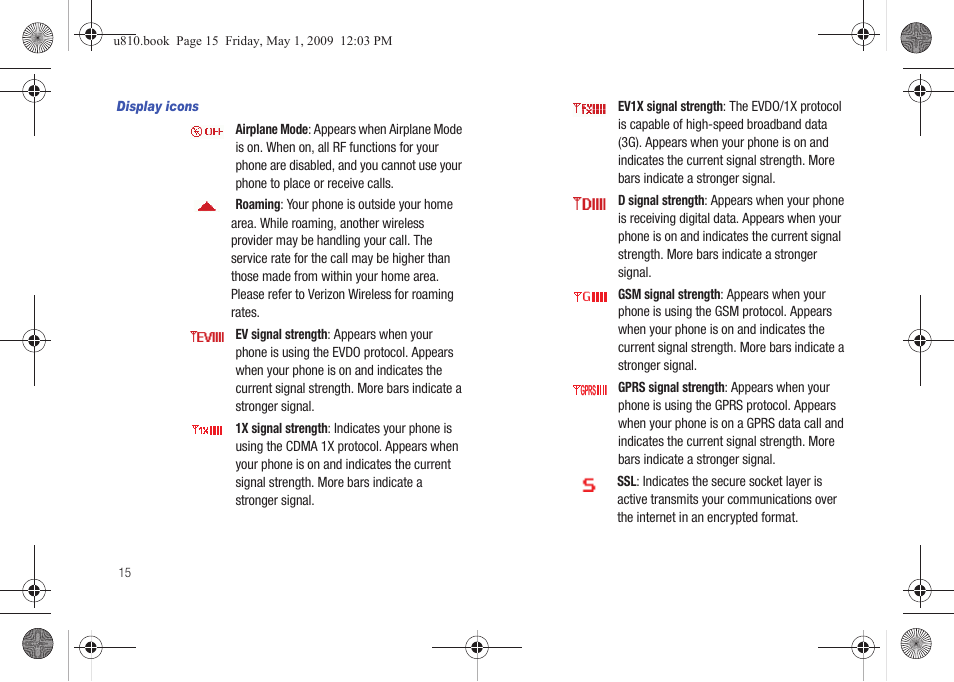 Display icons | Samsung SCH-U810GNAVZW User Manual | Page 18 / 169