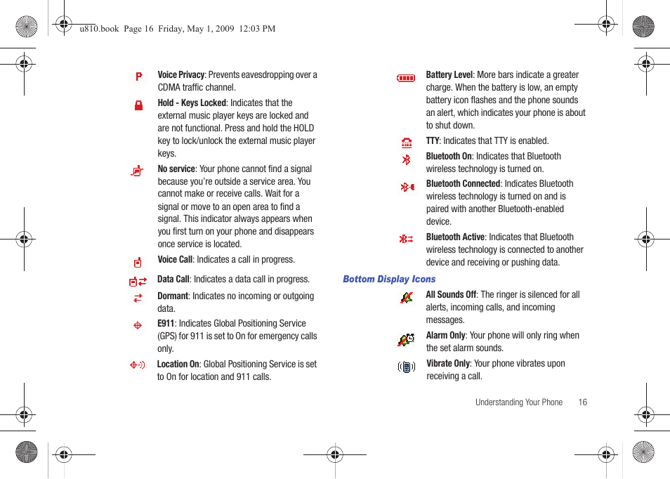 Bottom display icons | Samsung SCH-U810GNAVZW User Manual | Page 19 / 169