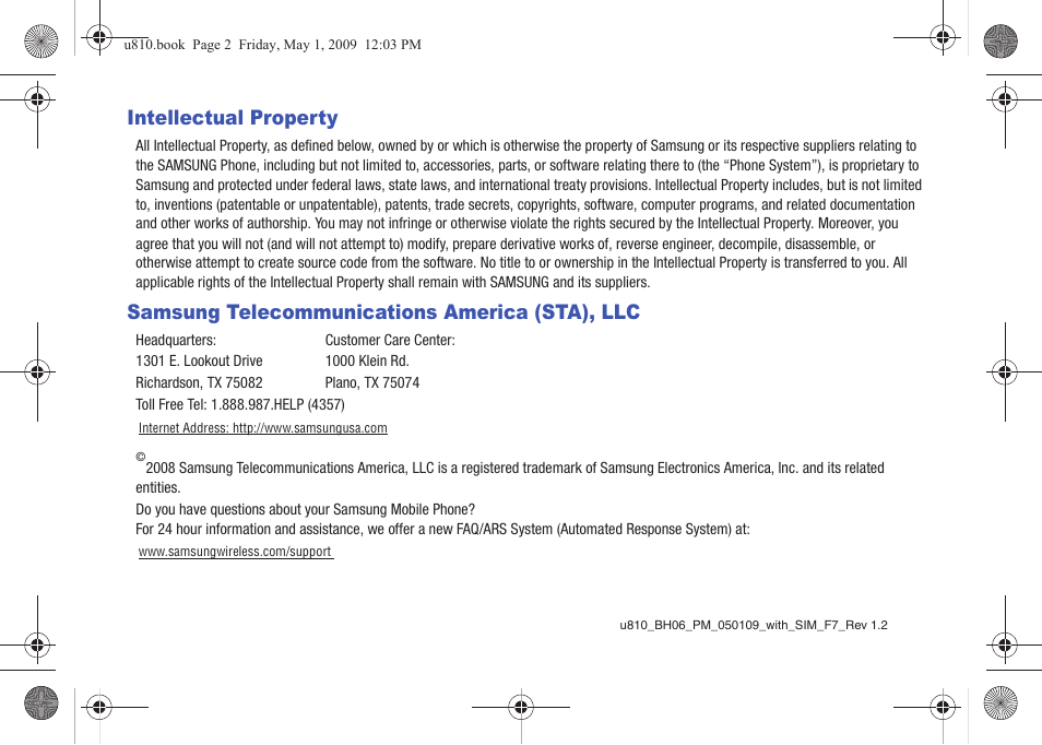 Intellectual property, Samsung telecommunications america (sta), llc | Samsung SCH-U810GNAVZW User Manual | Page 2 / 169
