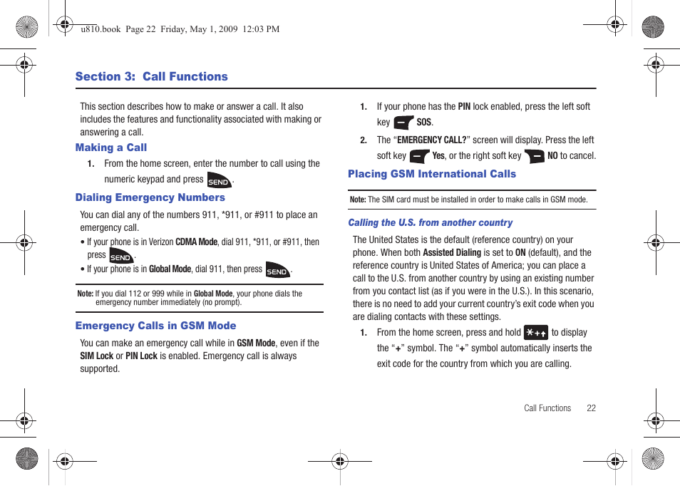 Section 3: call functions, Making a call, Dialing emergency numbers | Emergency calls in gsm mode, Placing gsm international calls, Calling the u.s. from another country | Samsung SCH-U810GNAVZW User Manual | Page 25 / 169