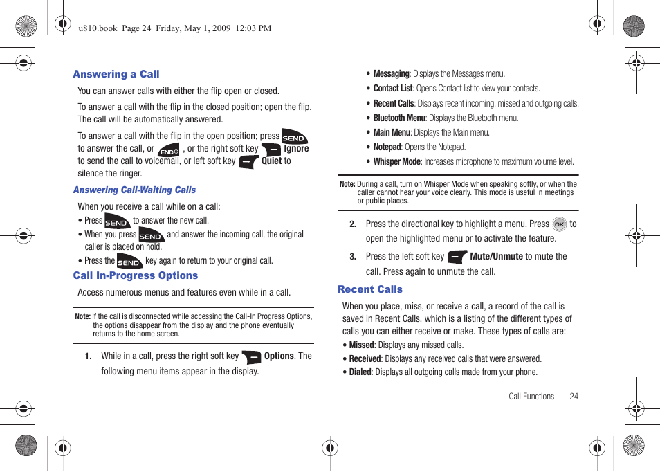 Answering a call, Answering call-waiting calls, Call in-progress options | Recent calls | Samsung SCH-U810GNAVZW User Manual | Page 27 / 169
