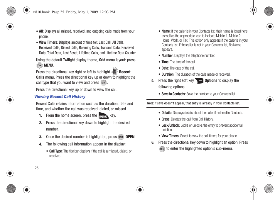 Viewing recent call history | Samsung SCH-U810GNAVZW User Manual | Page 28 / 169