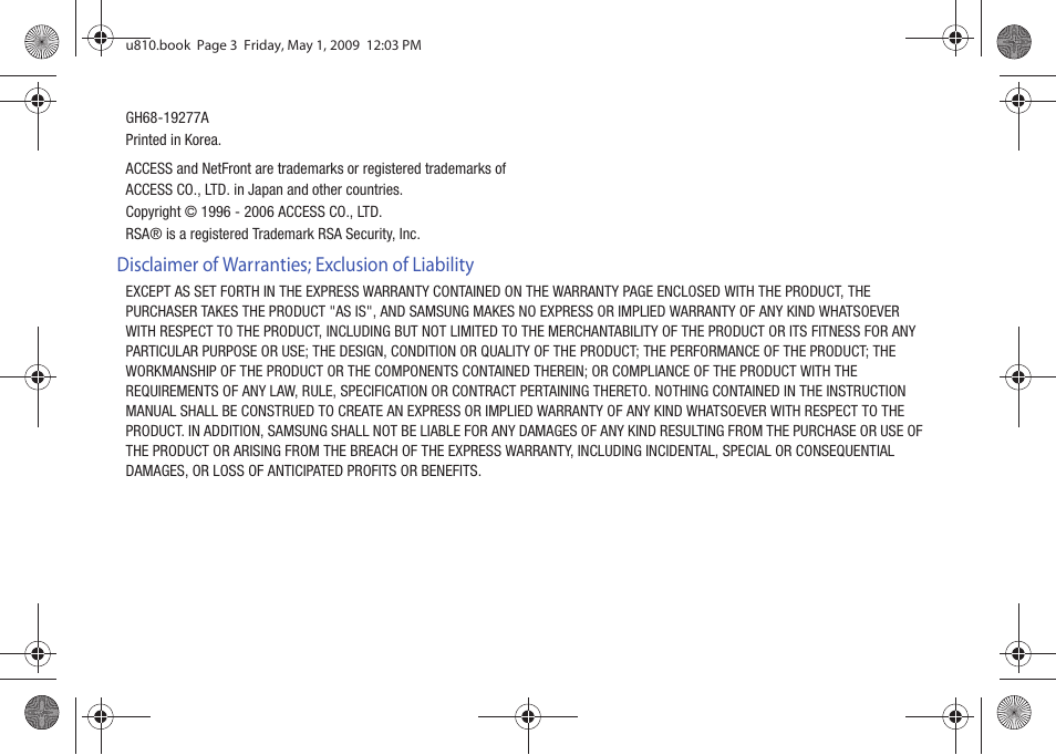Disclaimer of warranties; exclusion of liability | Samsung SCH-U810GNAVZW User Manual | Page 3 / 169