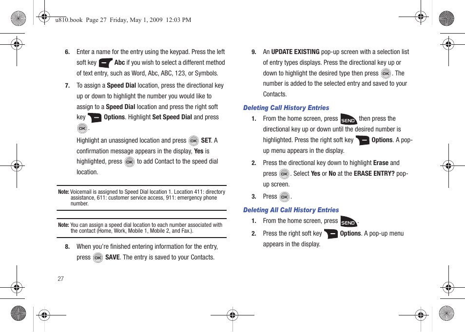 Deleting call history entries, Deleting all call history entries | Samsung SCH-U810GNAVZW User Manual | Page 30 / 169