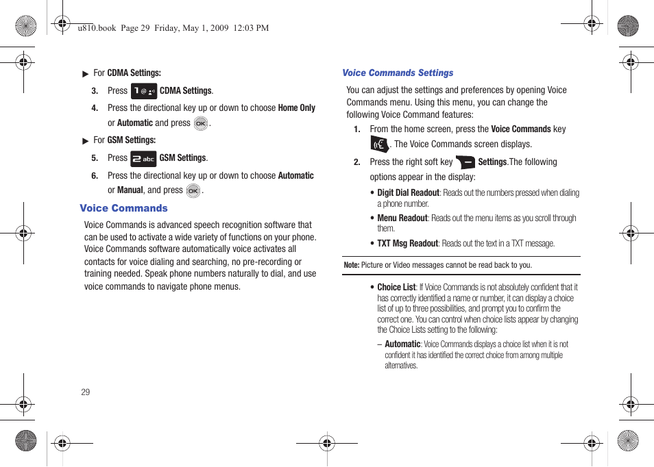 Voice commands, Voice commands settings | Samsung SCH-U810GNAVZW User Manual | Page 32 / 169