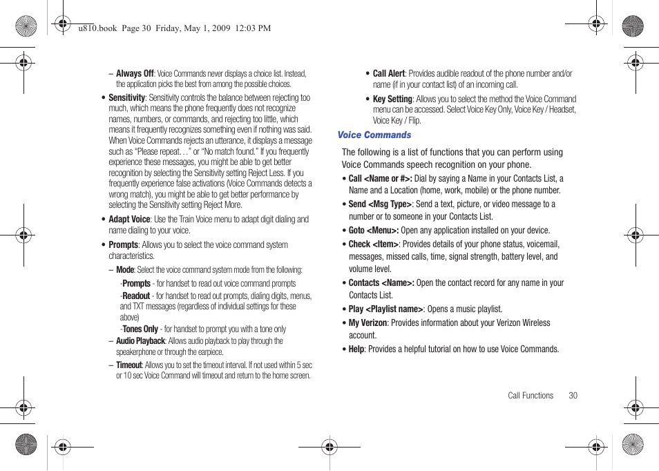 Voice commands | Samsung SCH-U810GNAVZW User Manual | Page 33 / 169