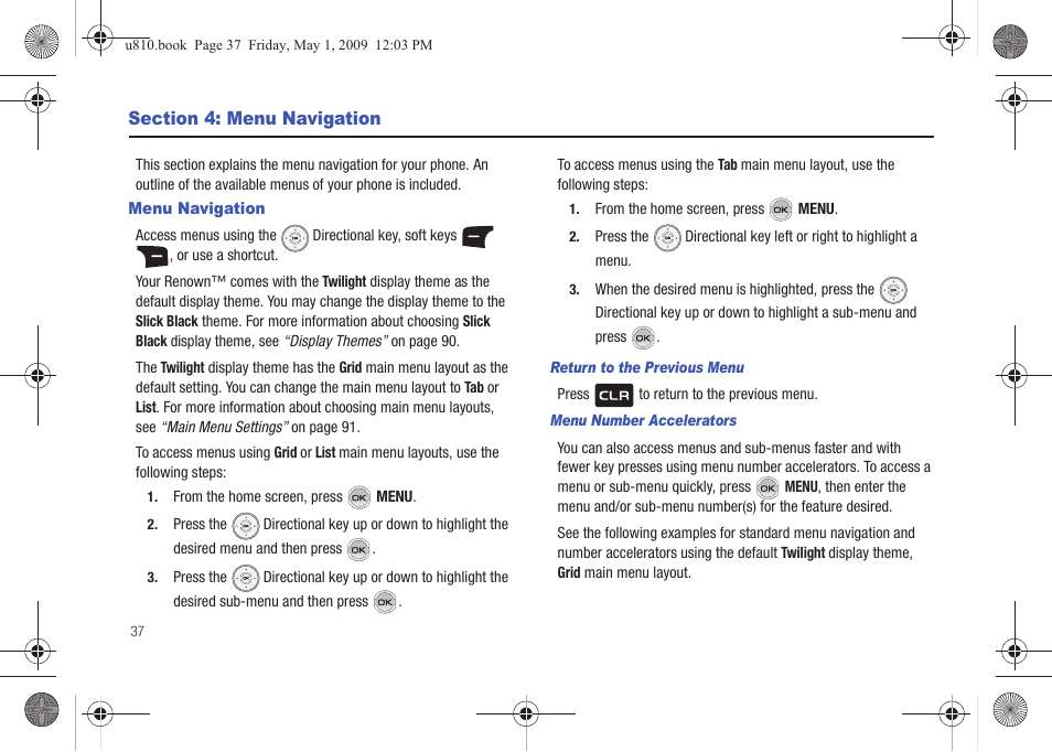 Section 4: menu navigation, Menu navigation, Return to the previous menu | Menu number accelerators | Samsung SCH-U810GNAVZW User Manual | Page 40 / 169