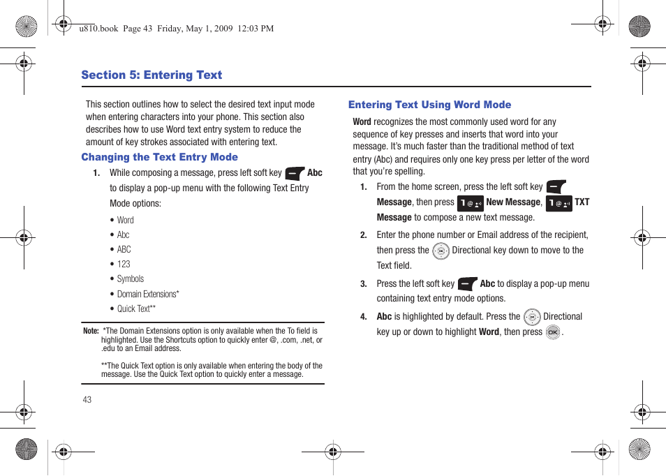 Section 5: entering text, Changing the text entry mode, Entering text using word mode | Samsung SCH-U810GNAVZW User Manual | Page 46 / 169