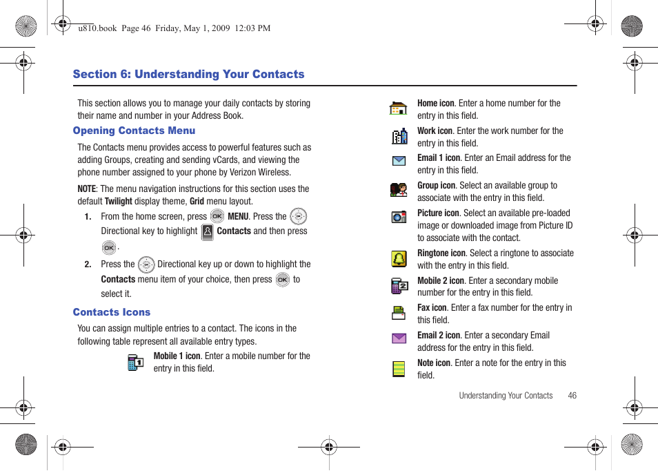 Section 6: understanding your contacts, Opening contacts menu, Contacts icons | Opening contacts menu contacts icons | Samsung SCH-U810GNAVZW User Manual | Page 49 / 169