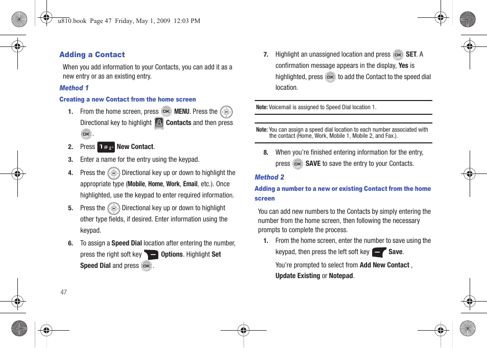 Adding a contact, Method 1, Method 2 | Samsung SCH-U810GNAVZW User Manual | Page 50 / 169