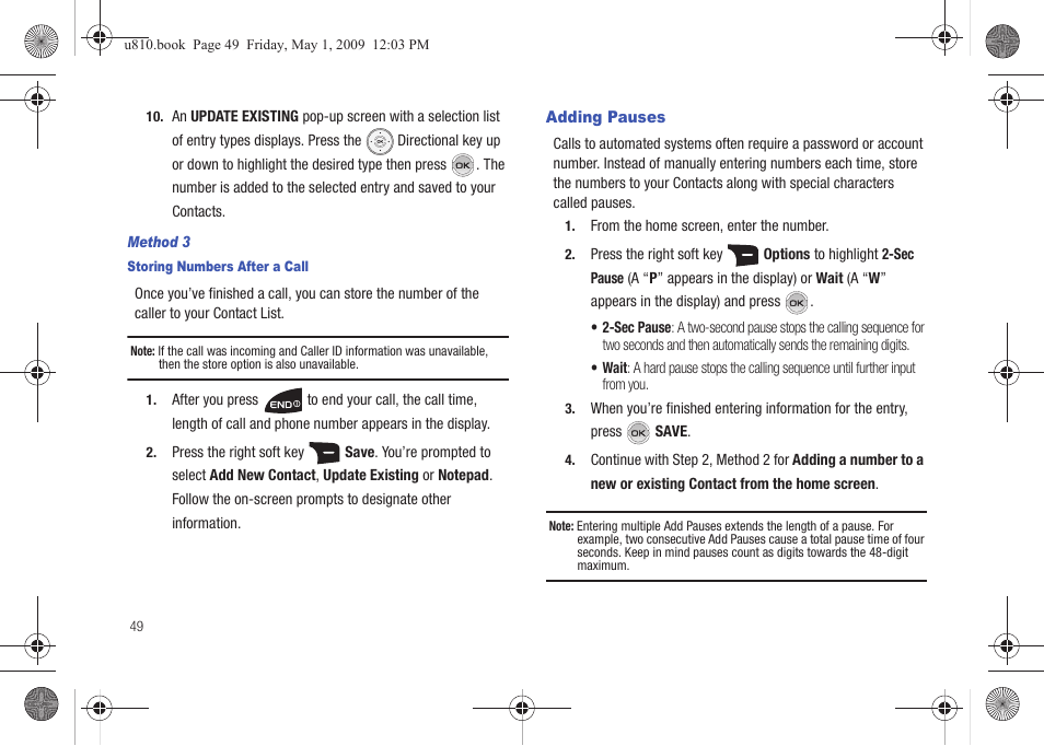 Method 3, Adding pauses | Samsung SCH-U810GNAVZW User Manual | Page 52 / 169
