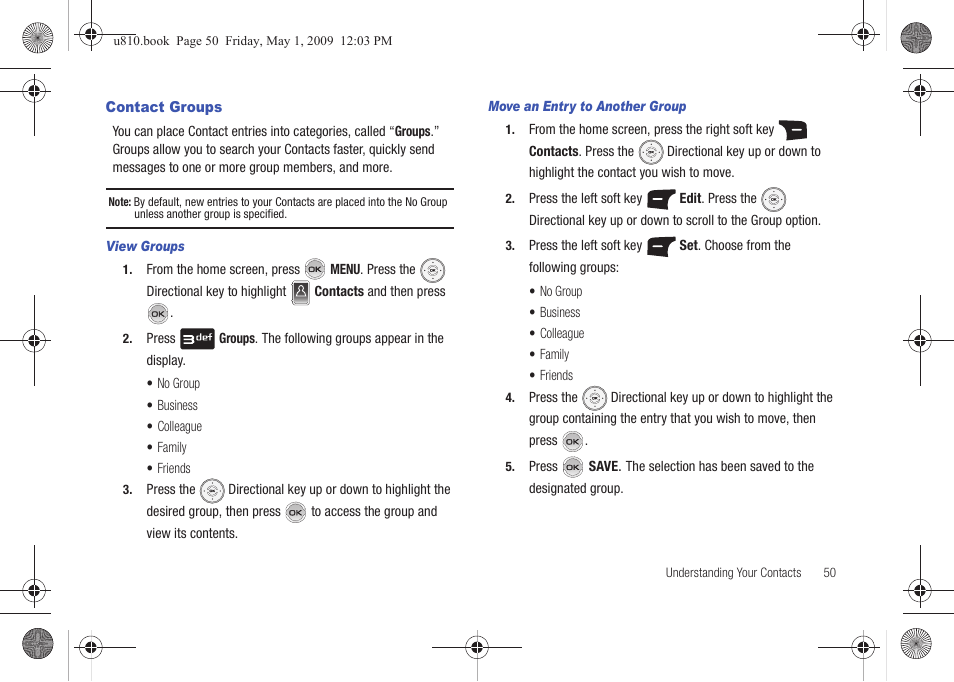 Contact groups, View groups, Move an entry to another group | Samsung SCH-U810GNAVZW User Manual | Page 53 / 169