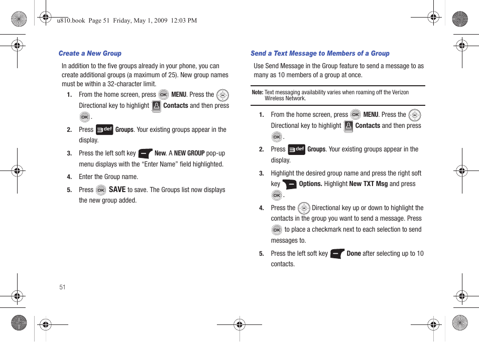 Create a new group, Send a text message to members of a group | Samsung SCH-U810GNAVZW User Manual | Page 54 / 169