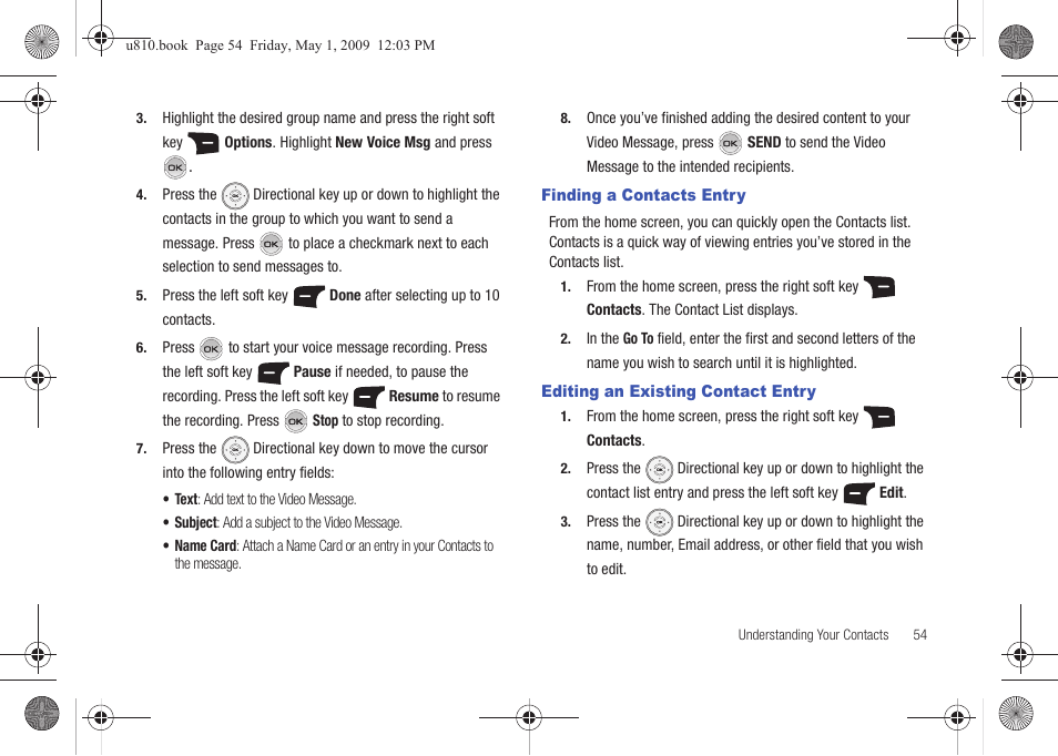 Finding a contacts entry, Editing an existing contact entry | Samsung SCH-U810GNAVZW User Manual | Page 57 / 169