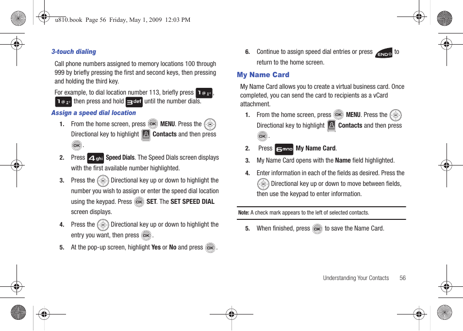 Touch dialing, Assign a speed dial location, My name card | Samsung SCH-U810GNAVZW User Manual | Page 59 / 169