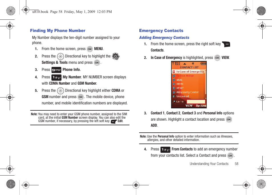 Finding my phone number, Emergency contacts, Adding emergency contacts | Finding my phone number emergency contacts | Samsung SCH-U810GNAVZW User Manual | Page 61 / 169