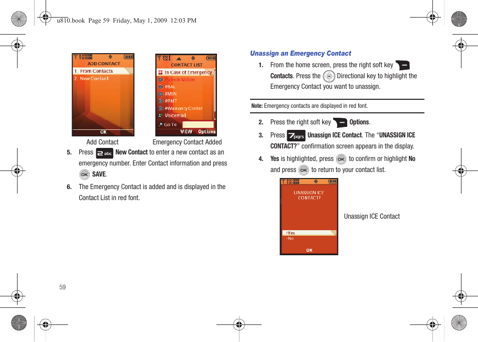 Unassign an emergency contact | Samsung SCH-U810GNAVZW User Manual | Page 62 / 169